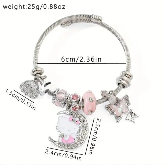 Hello Kitty Charm Pendant Silver & Pink Tone Bangle Bracelet - Picture 5 of 6